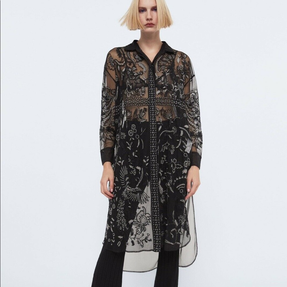 Zara Longline Embroidered Tulle Blouse Black